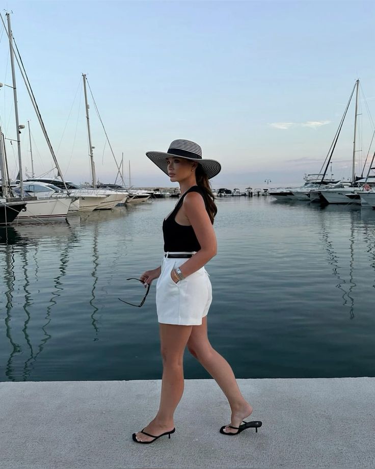 Black Tank with White Shorts and Black Heels 